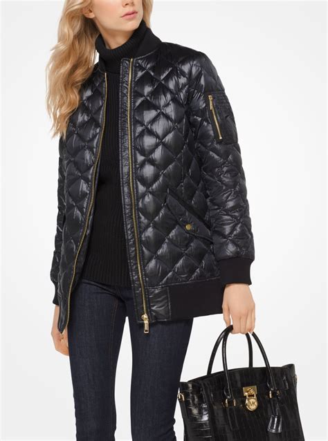 michael kors leather sleeve bomber jacket|Michael Kors green puffer jacket.